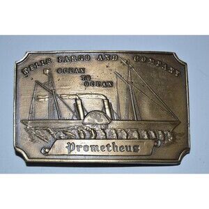 Vintage Wells Fargo & Co Bank Ocean Nautical Brass Belt Buckle RARE NM